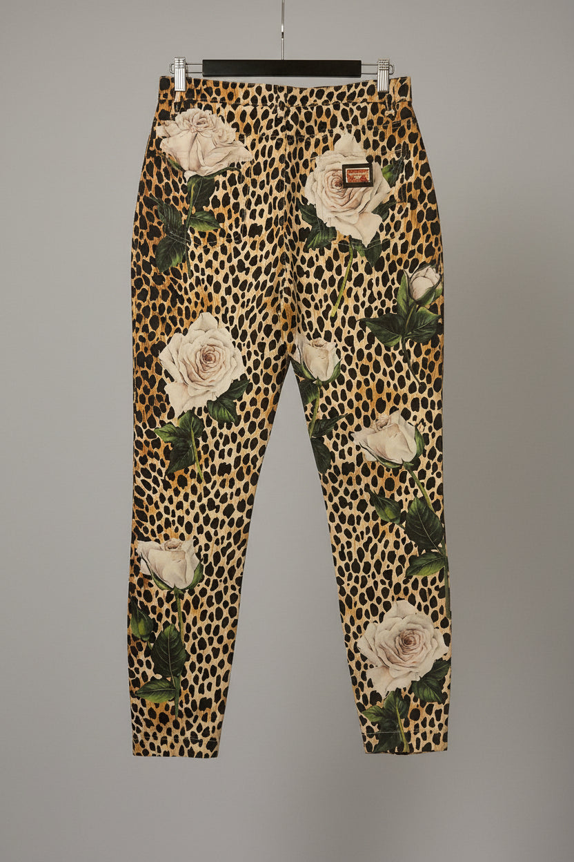 Dolce & Gabbana Ocelot/Leopard and White Rose Print Pants