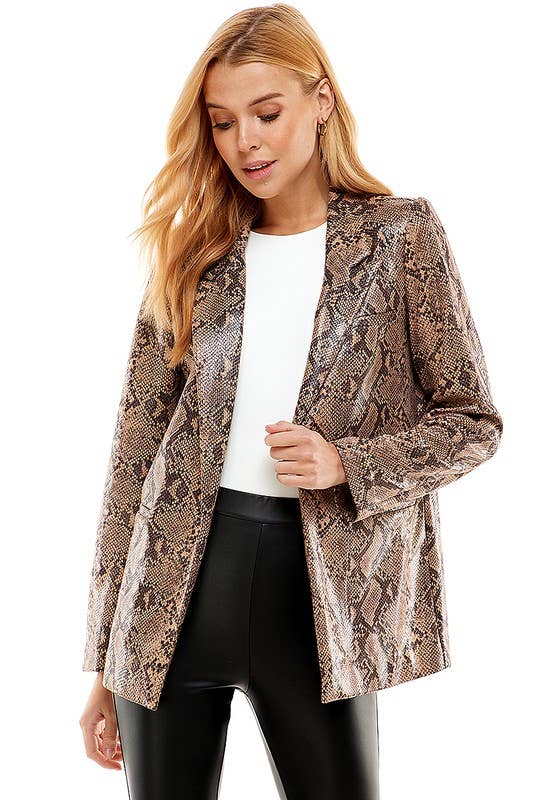CJ6293-Snake Skin Print Front Open Blazer: GREY