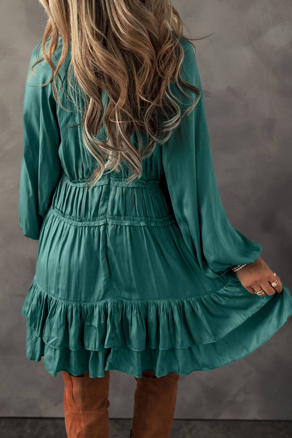 LDC Tiered Ruffled Puff Sleeve Loose Fit Mini Dress: Mist Green
