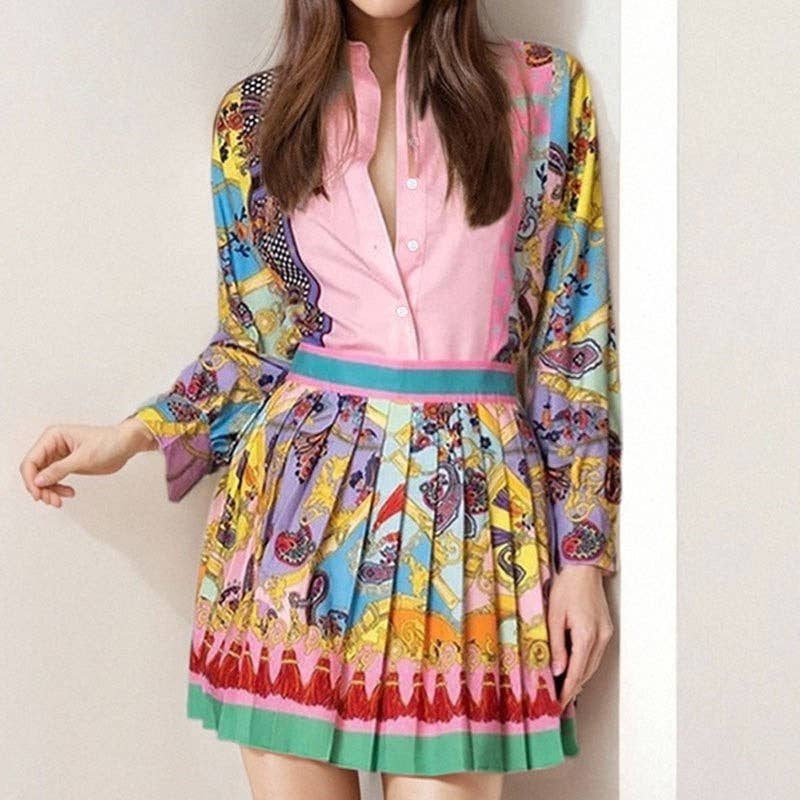 Long Sleeve Shirt And Pleated Skirt Set: PINK