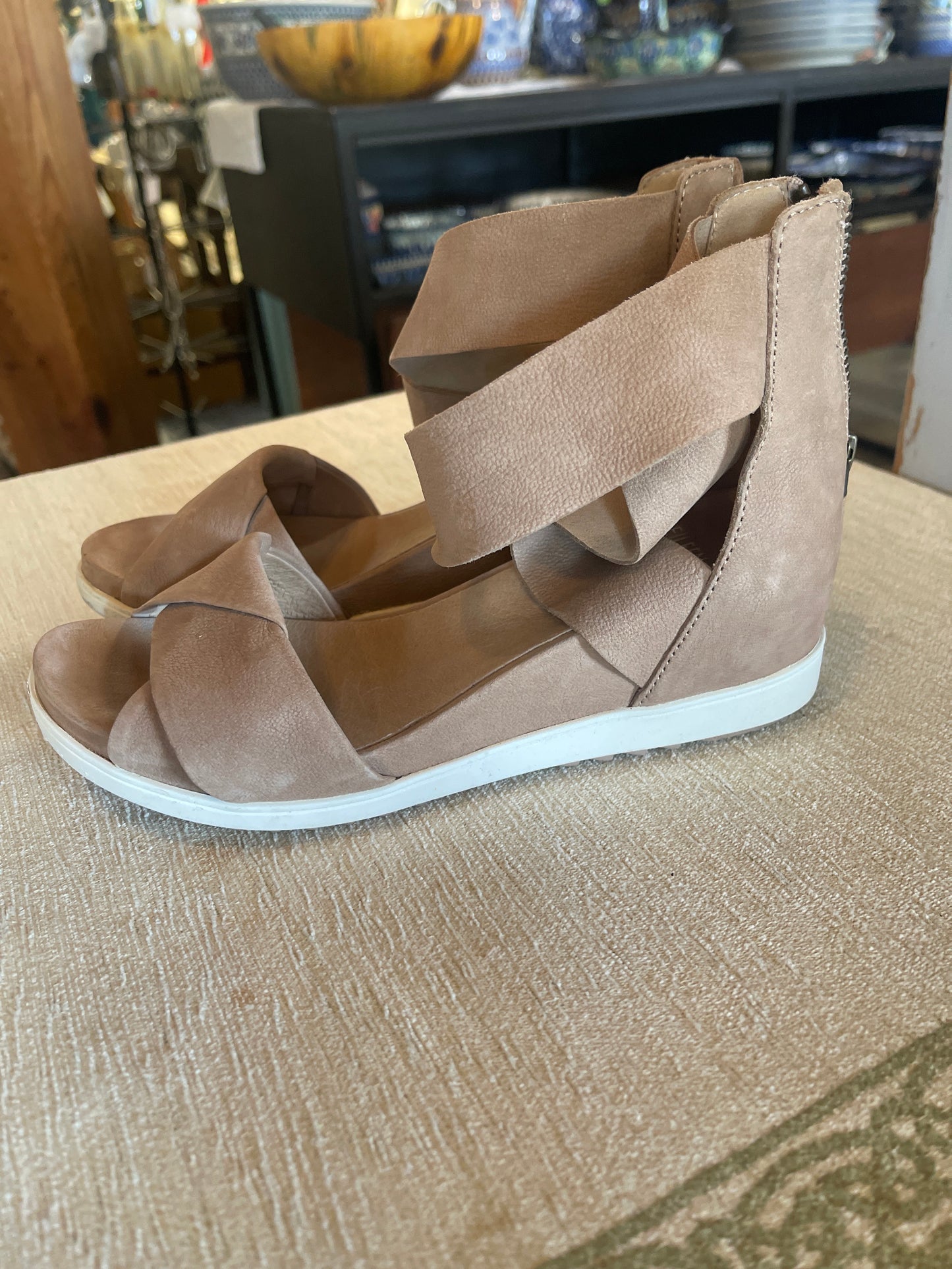 Eileen Fisher Viv Sandals Women Leather Wedge Shoes Ankle Strap tan