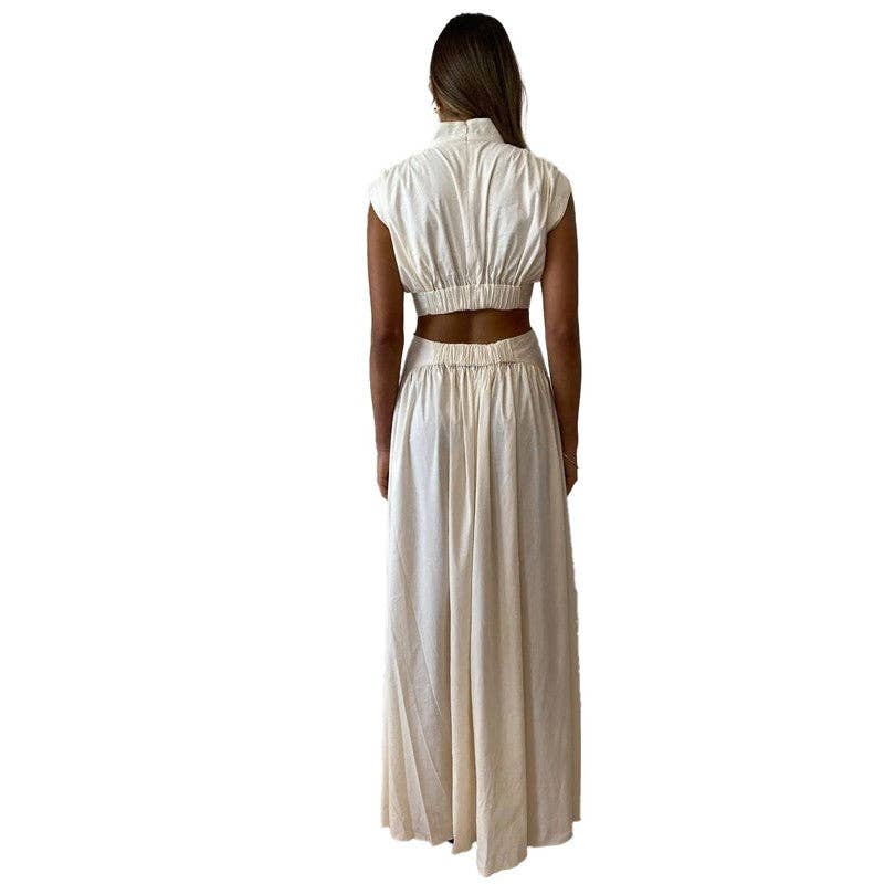 Solid Color Off-The-Shoulder Pleated Maxi Dress: WHITE