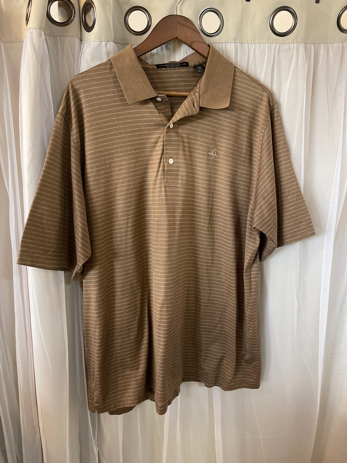 Mens Carnoustie short-sleeve polo shirt featuring a tan/khaki micro-stripe design and a classic three-button placket