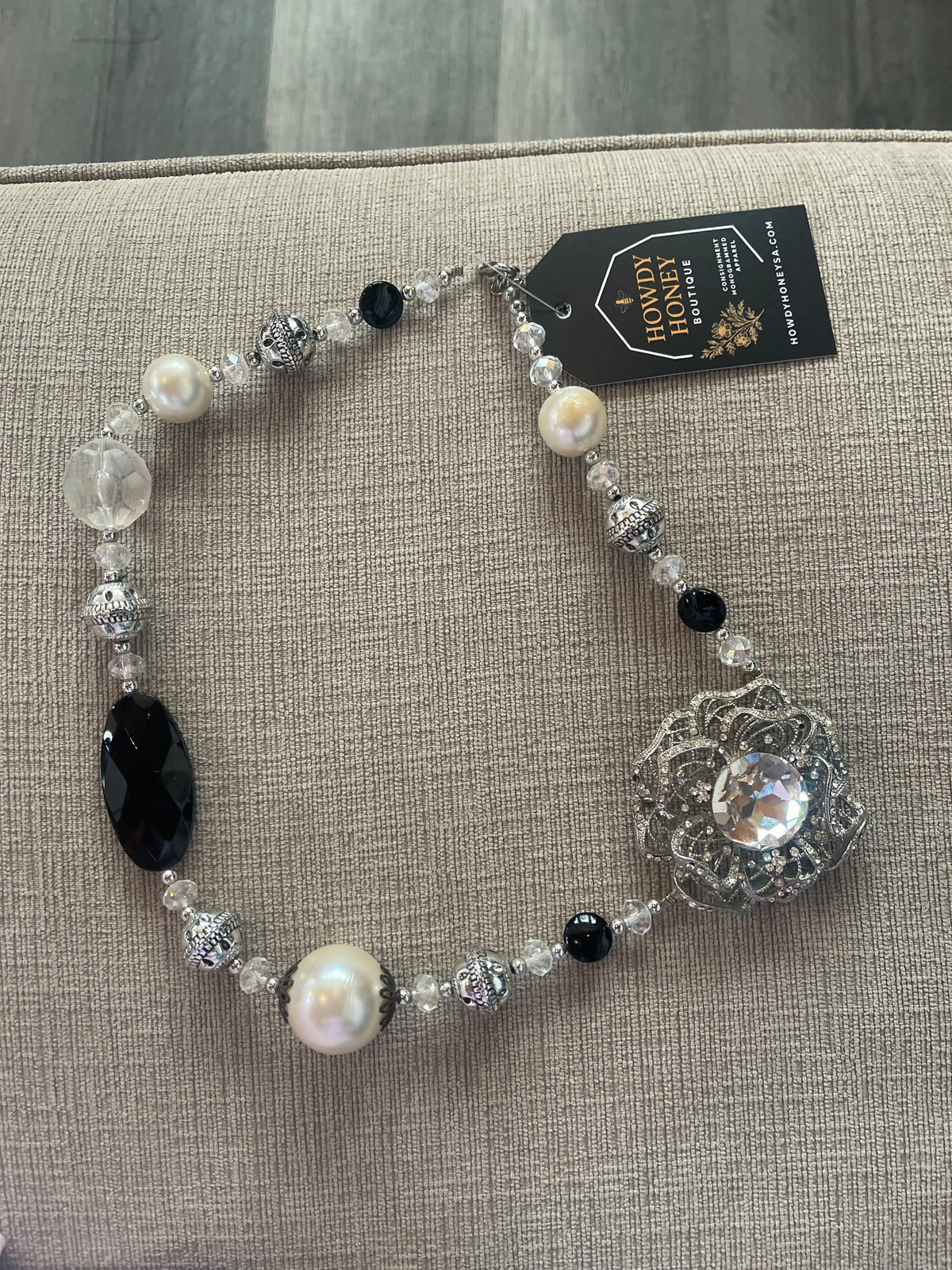asymmetrical mixed-media beaded statement necklace
