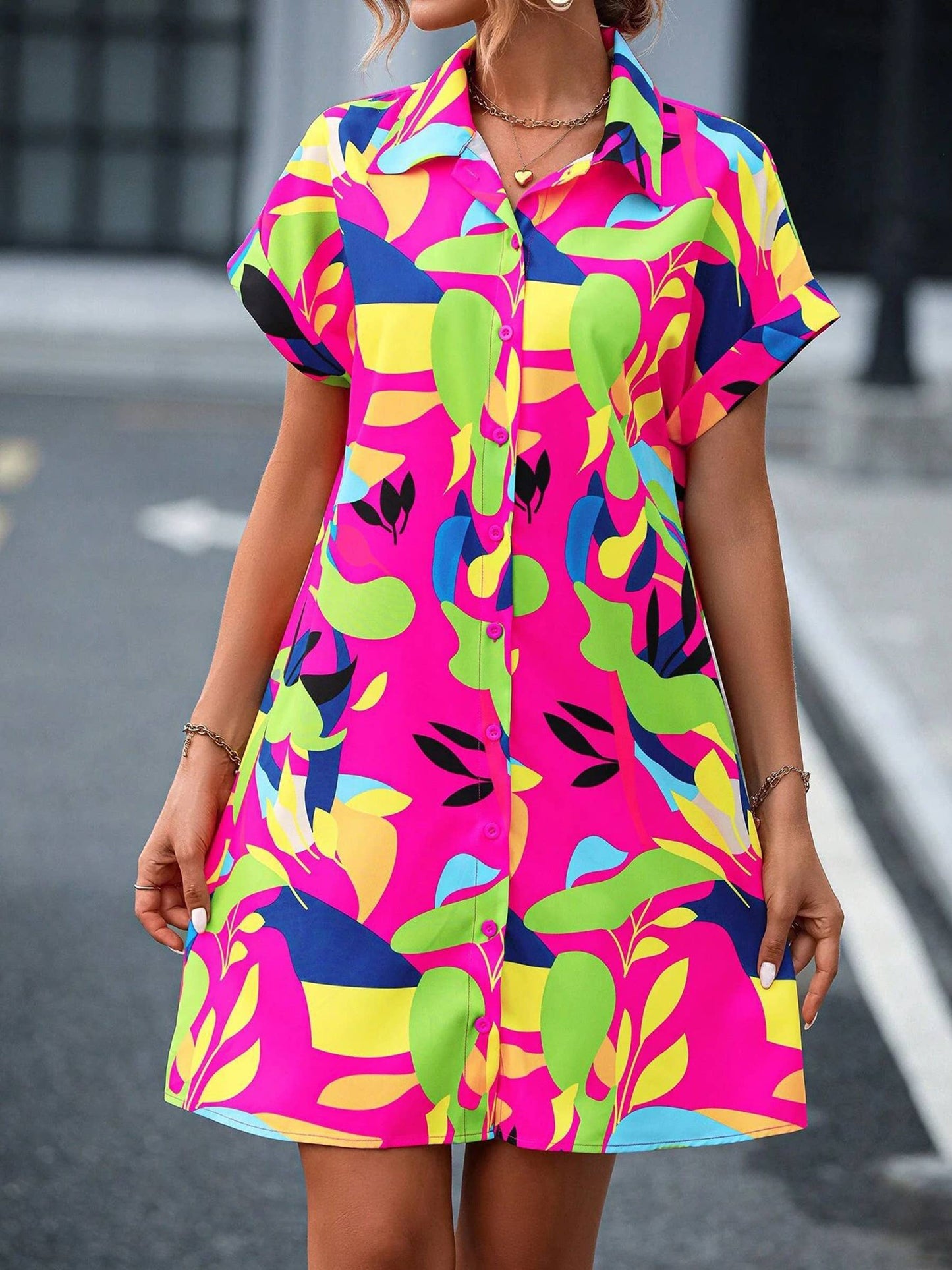 Colorful Floral Cardigan Short Sleeved Lining Dress