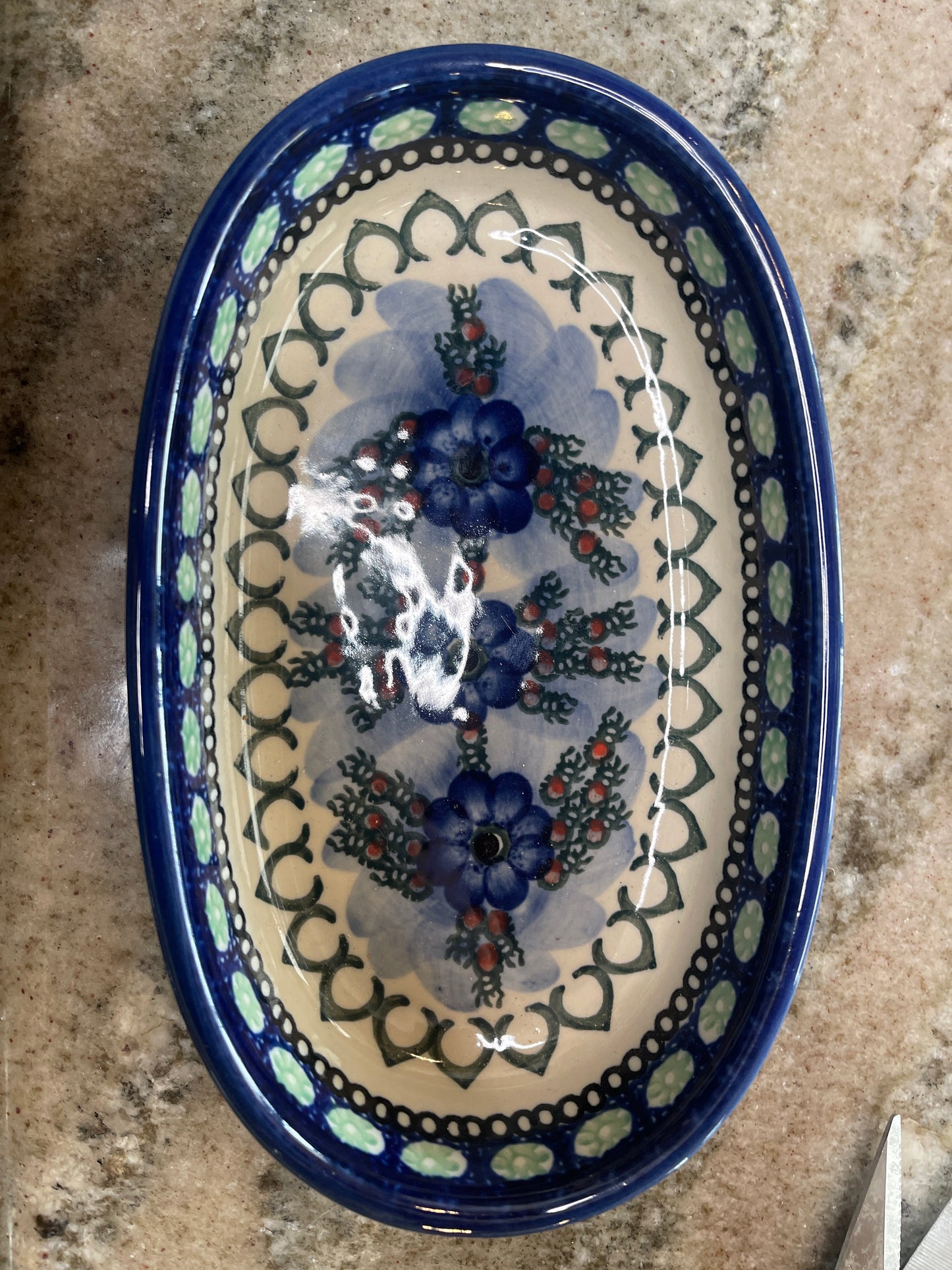 UNIKAT Polish Pottery 8-inch oval condiment dish featuring a peonies flowers pattern. 486