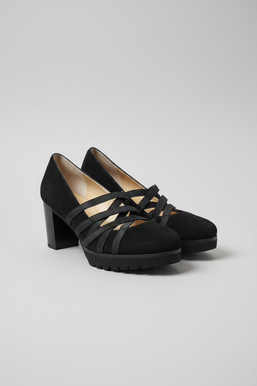 Amalfi black suede wedge shoes featuring crisscross strap detailing.