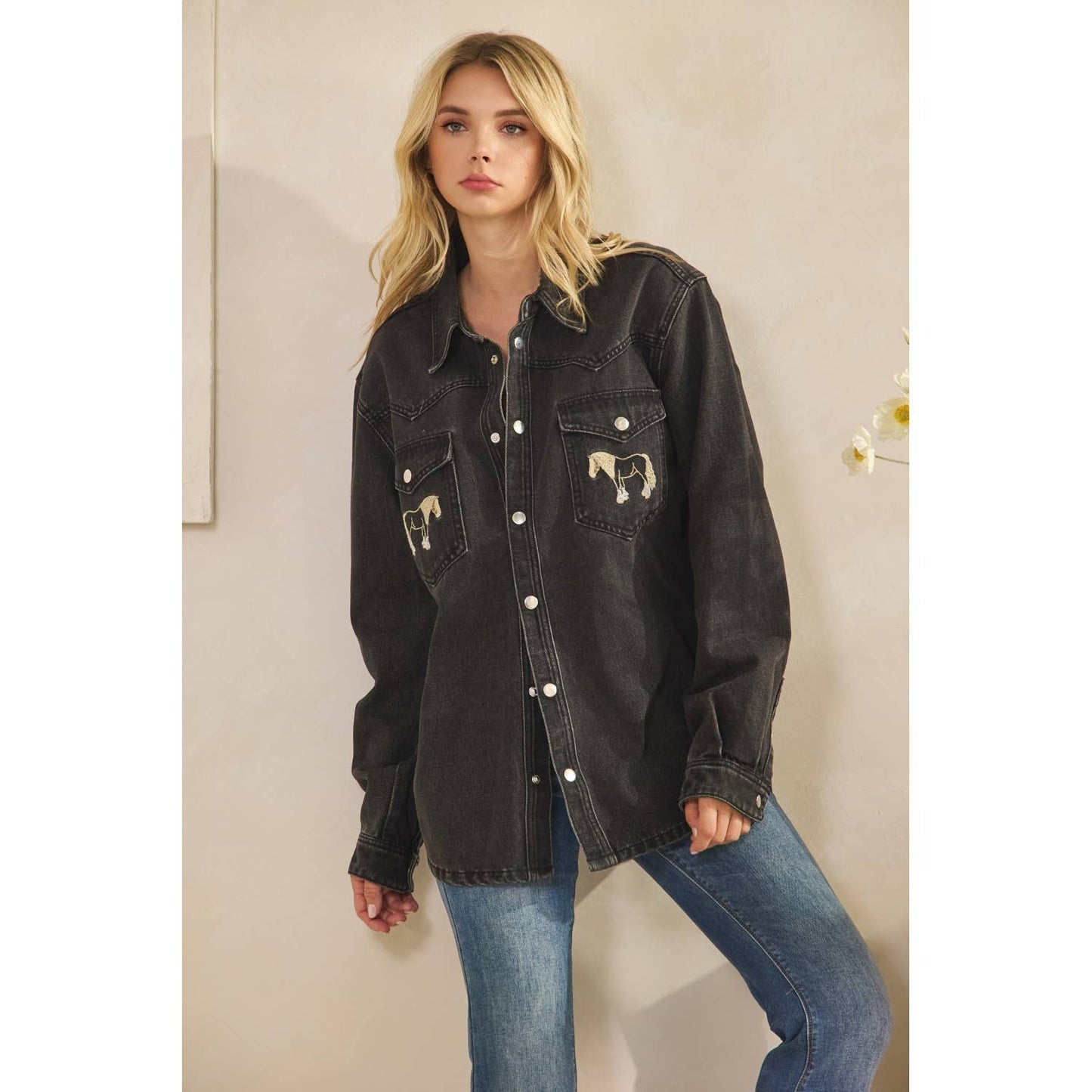Denim Jacket with Horse Embroidery: Medium Wash