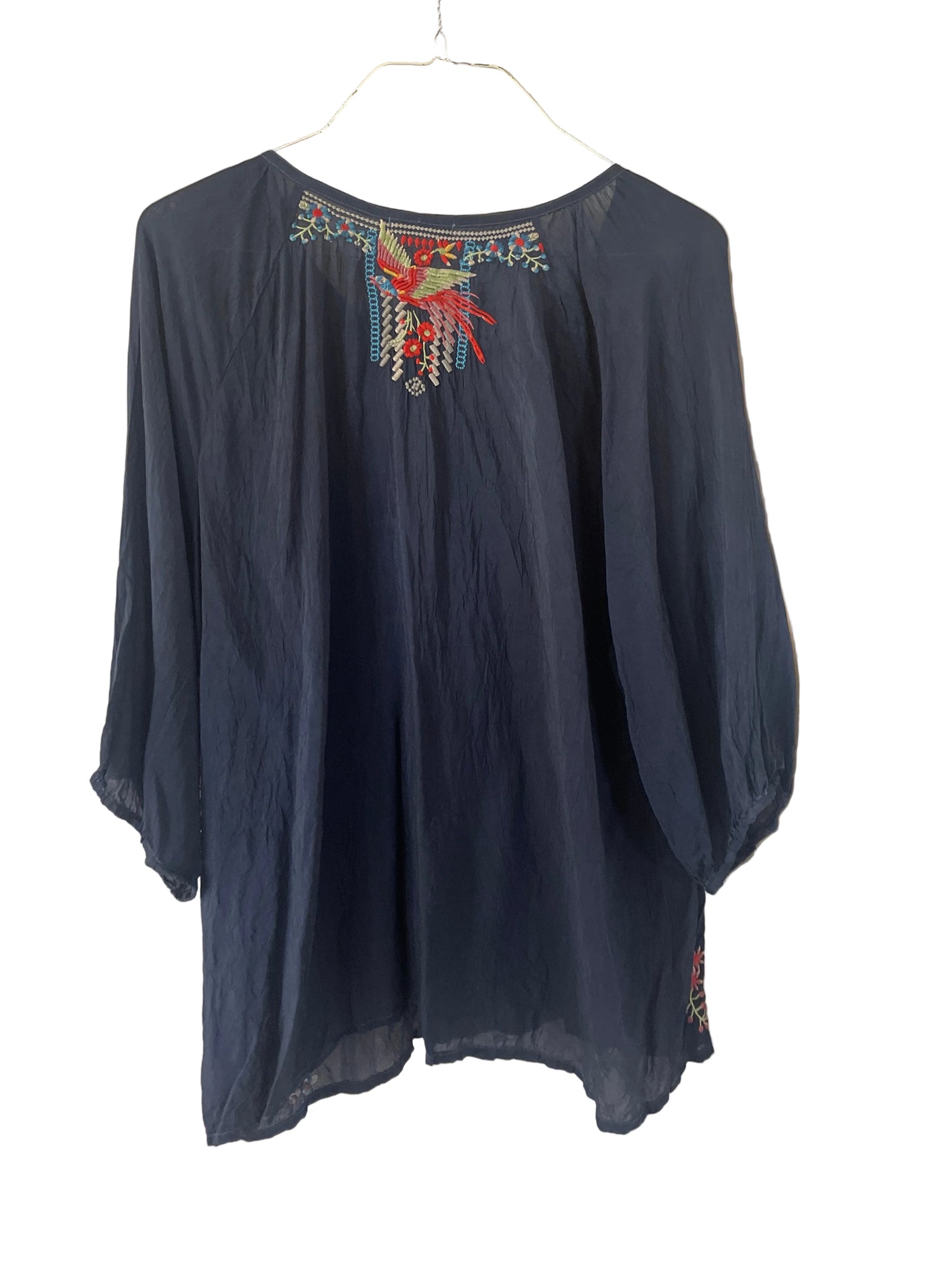 Sheer navy blue bohemian blouse by Johnny Was