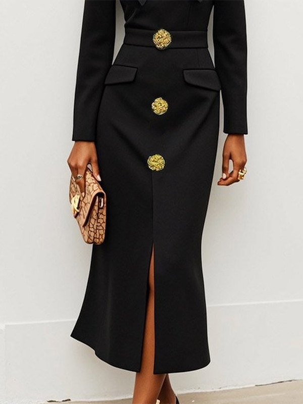 Long Sleeve Buttoned Split-Front Collar Dress: BLACK