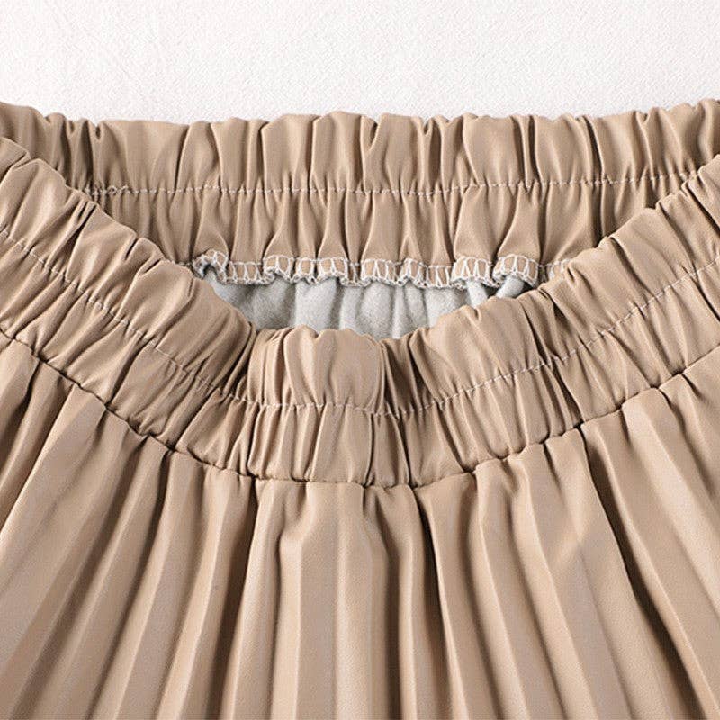 High Waisted Elastic A-Line Pleated PU Leather Mini Skirt: COFFEE / One_size
