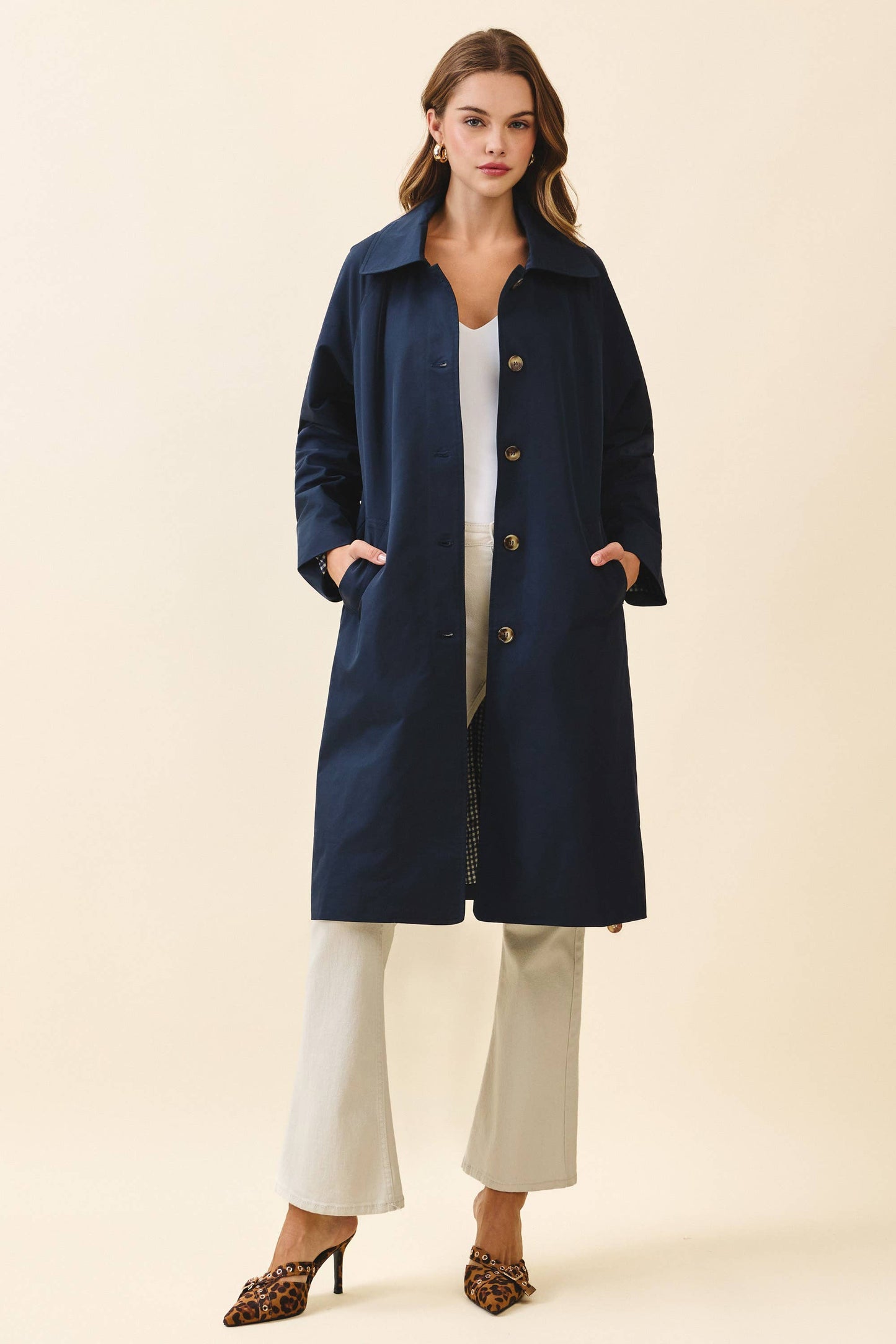 Longline Spread Collar Front Button Trench Coat: Beige