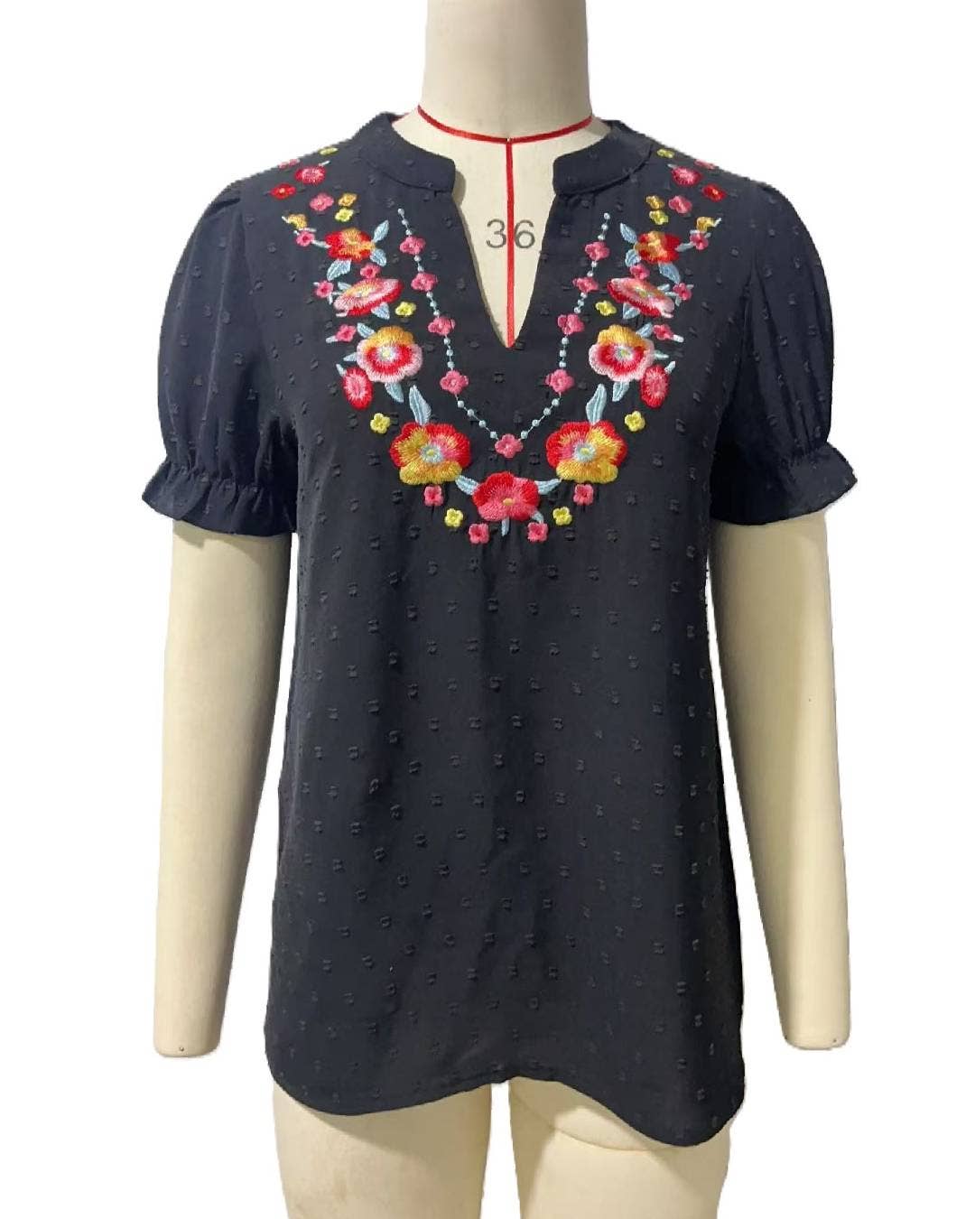 Boho Embroidered Floral Ruffle Top: NavyBlue