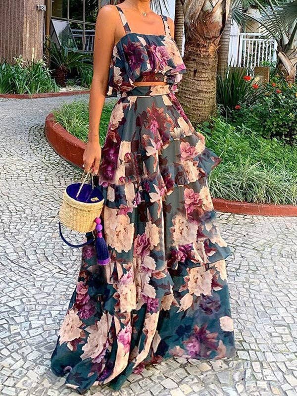 Loose Flower Print Layered Split-Joint Spaghetti-Neck Vest Top +High Waisted Skirts Bottom Two Pieces Set: NAVY BLUE