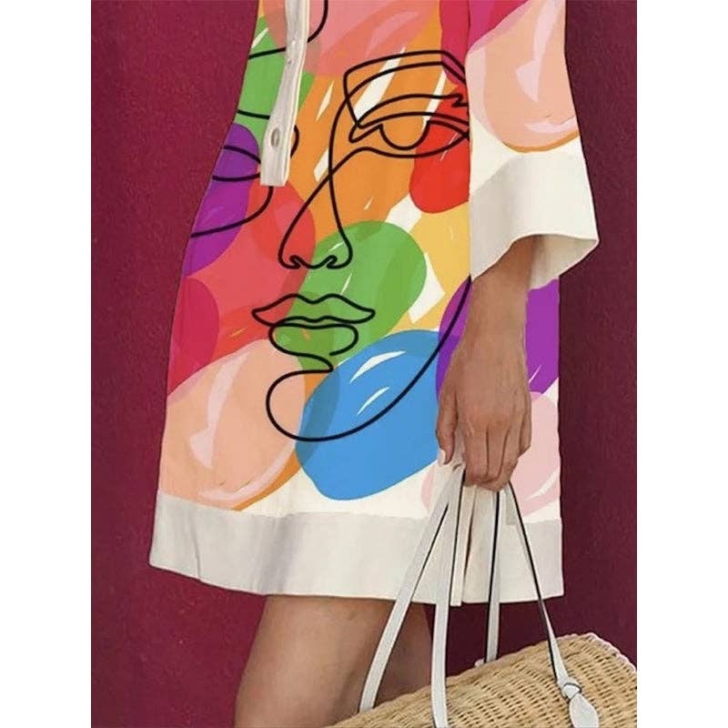 Loose Three-Quarter Sleeves Buttoned Contrast Color Figure Printed Lapel Collar Mini Dresses: COLORFUL / S
