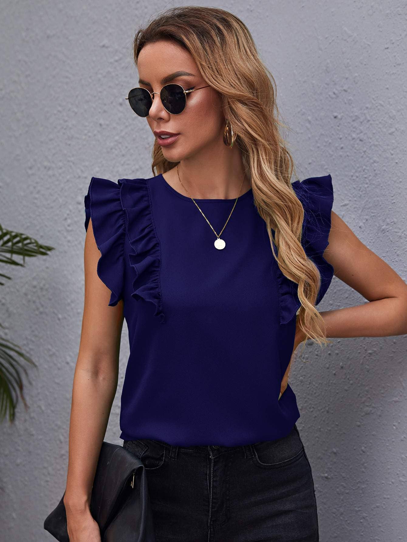 Ruffle armhole solid top: DUSTY