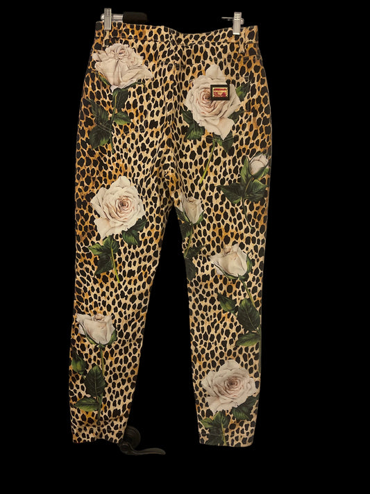 Dolce & Gabbana Ocelot/Leopard and White Rose Print Pants