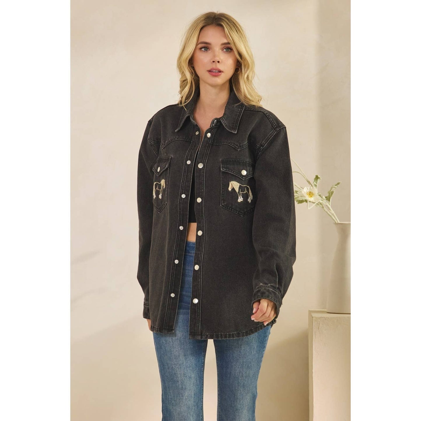 Denim Jacket with Horse Embroidery: Medium Wash