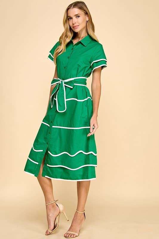 CD05231-Contrast Binding Detail Midi Shirt Dress: Green / M