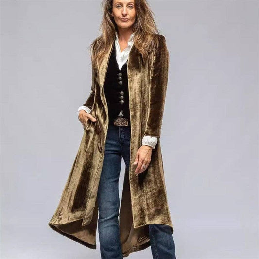 Long Velvet Solid Color Vintage Split Coat: