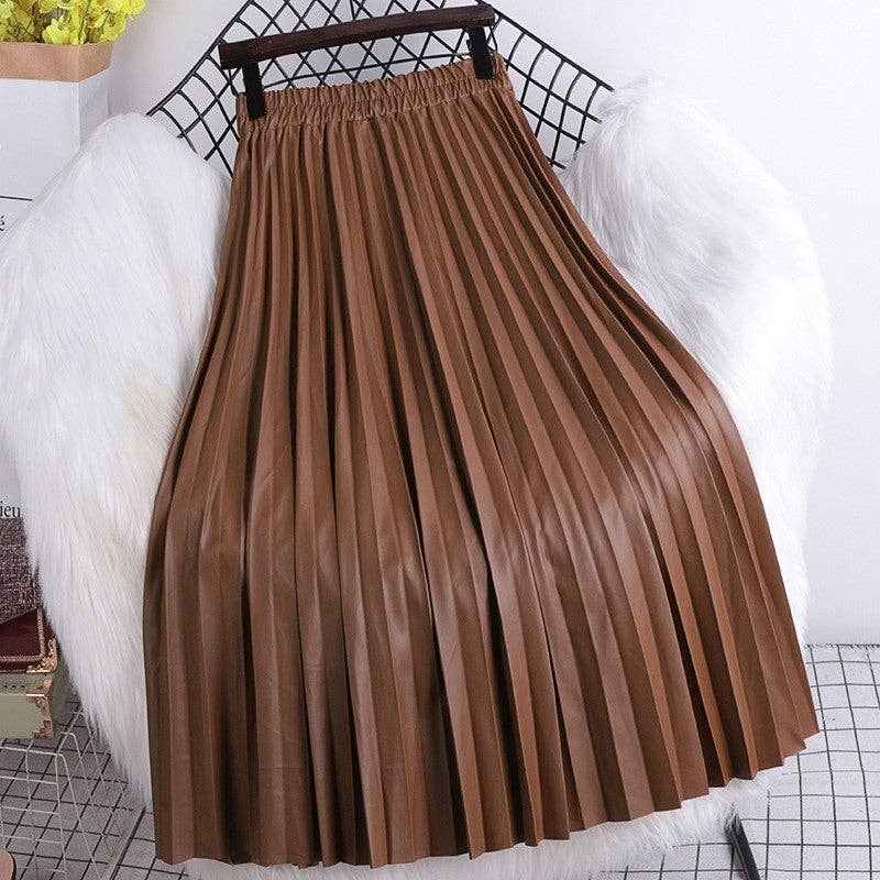 High Waisted Elastic A-Line Pleated PU Leather Mini Skirt: COFFEE / One_size