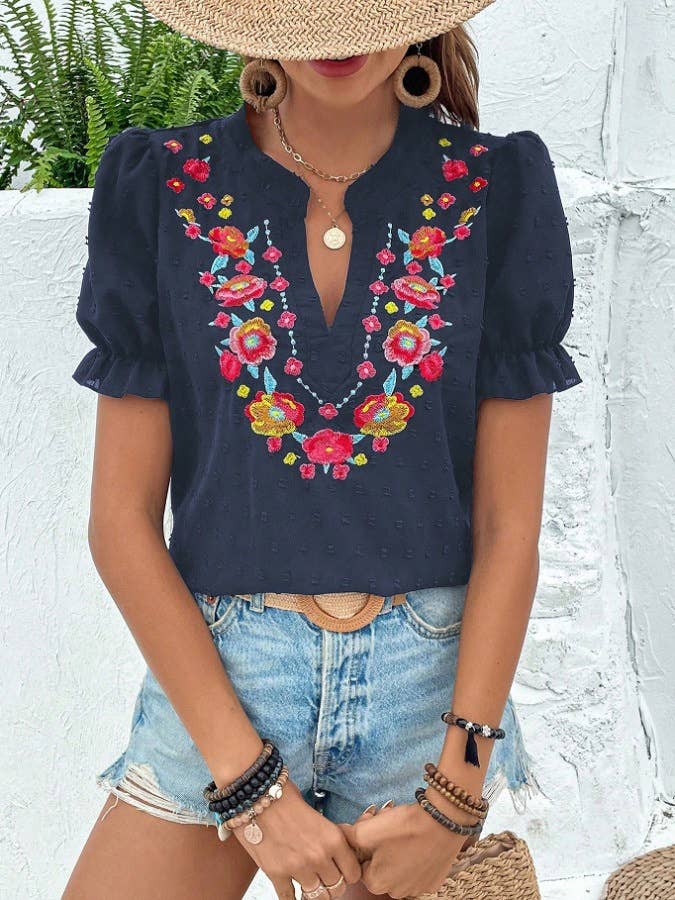 Boho Embroidered Floral Ruffle Top: NavyBlue