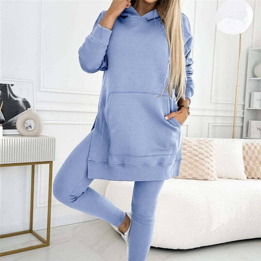 Solid Color Hoodie And Ribbed Leggings Two-Piece Set: LYONS BLUE