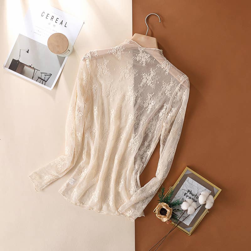 Floral Lace Sheer Mesh Layering see through Top: White