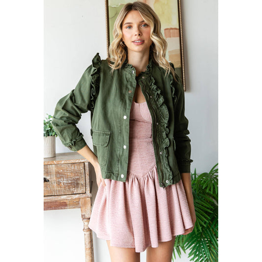 Ruffle Detail Jacket: Olive