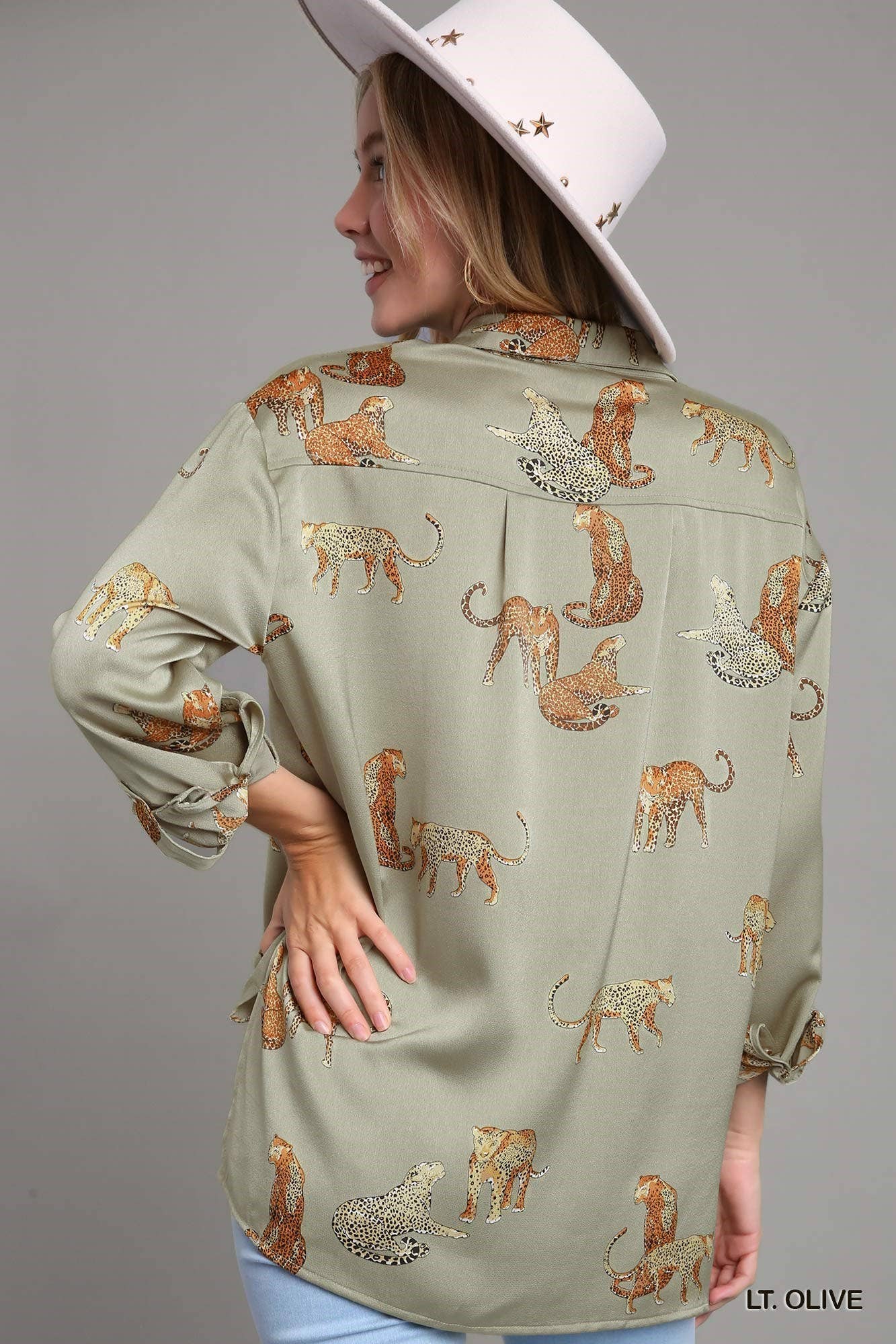 Satin Animal Print Button Down Blouse: Beige