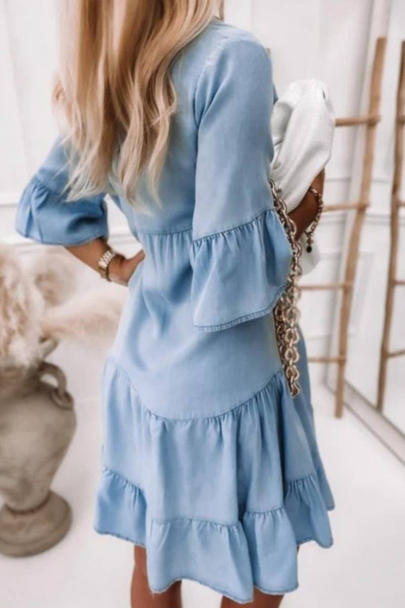 CWDSD6508_V-NECK HALF SLEEVE WASHED DENIM DRESS: LIGHTBLUE