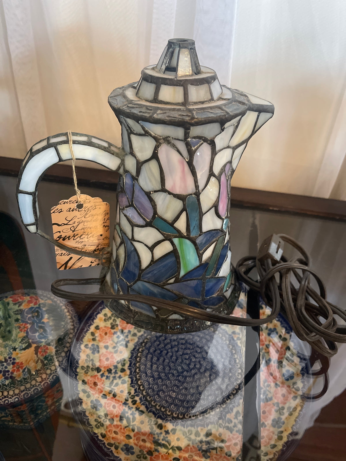 vintage Tiffany-style stained glass teapot or coffee pitcher accent lamp.