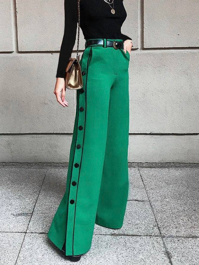 Urban Wide Leg H-Line Solid Color Pants: GREEN / XL