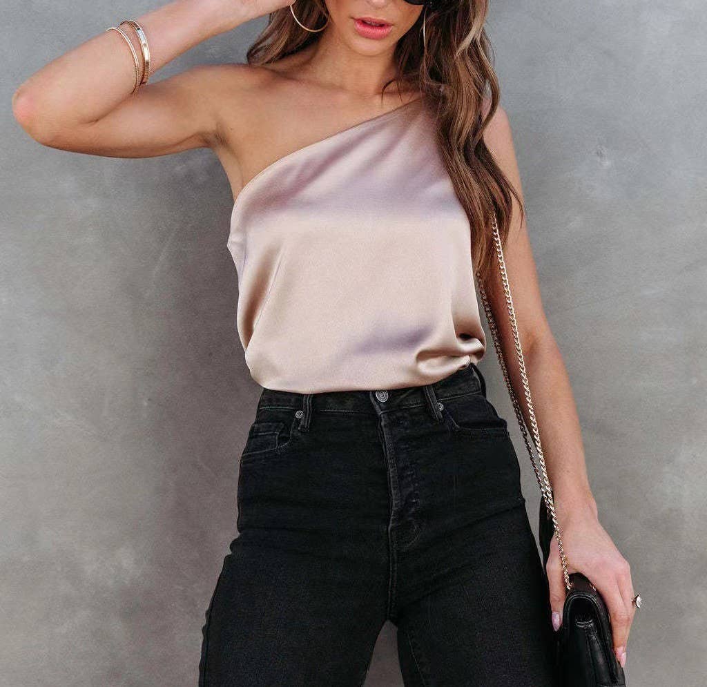 New satin blouses with loose casual slant straps: Black / XL
