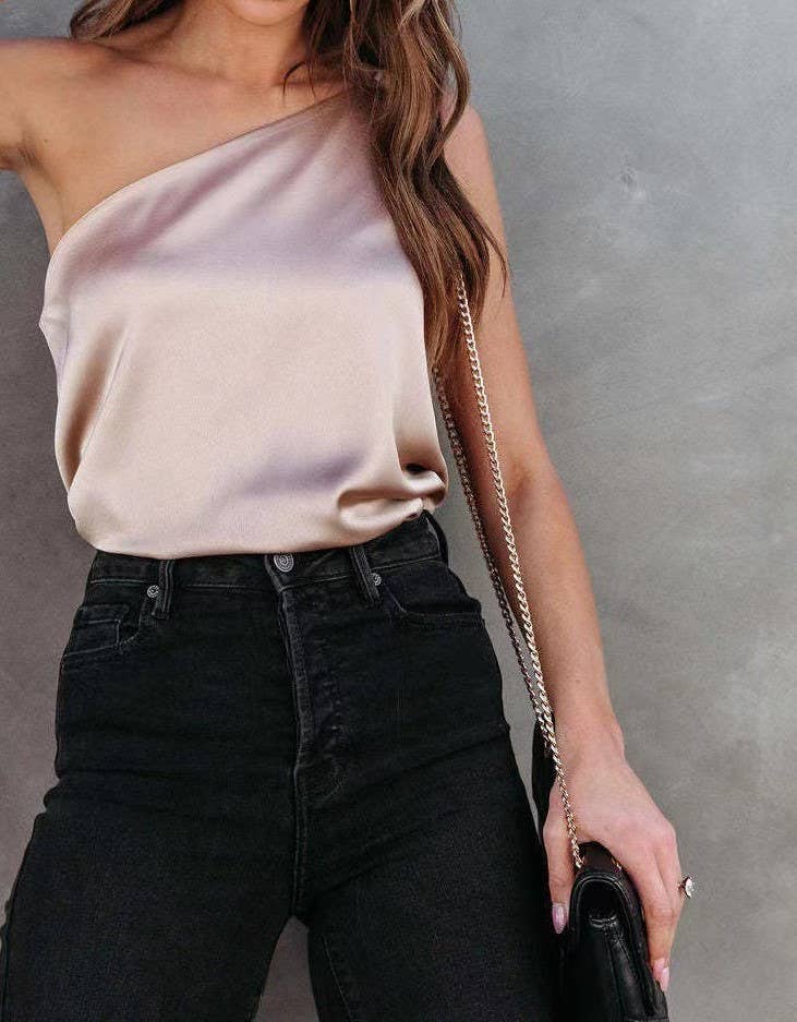 New satin blouses with loose casual slant straps: Black / XL