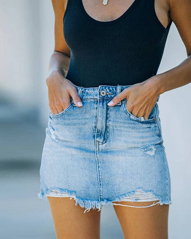 Distressed Raw Hem Denim Mini Skirt SKS6707