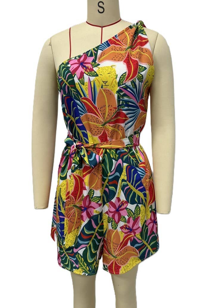Vivid Tropical Print One Shoulder Belted Romper: Red / S