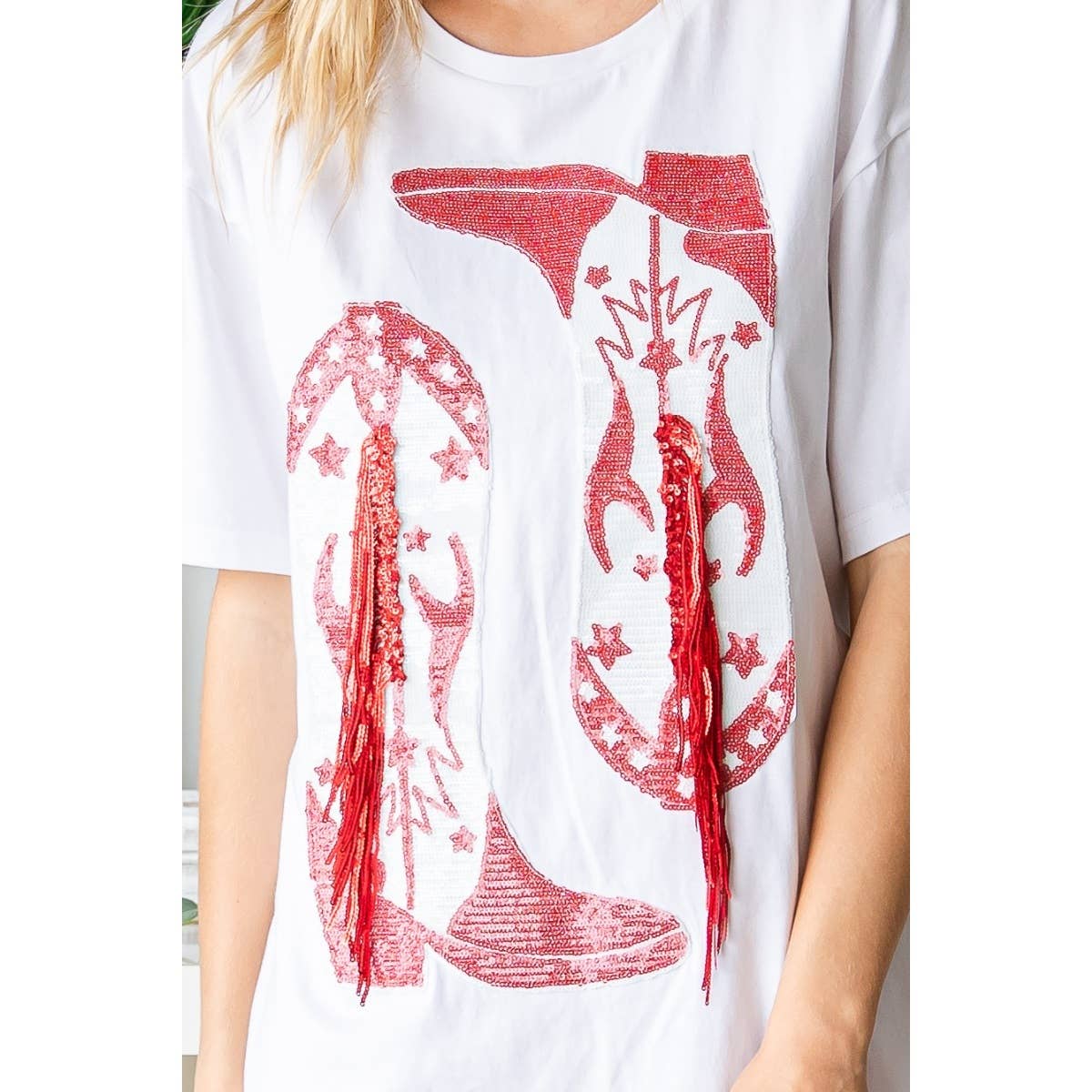 Cowboy Boots Sequins Patch T-shirt Dress: White
