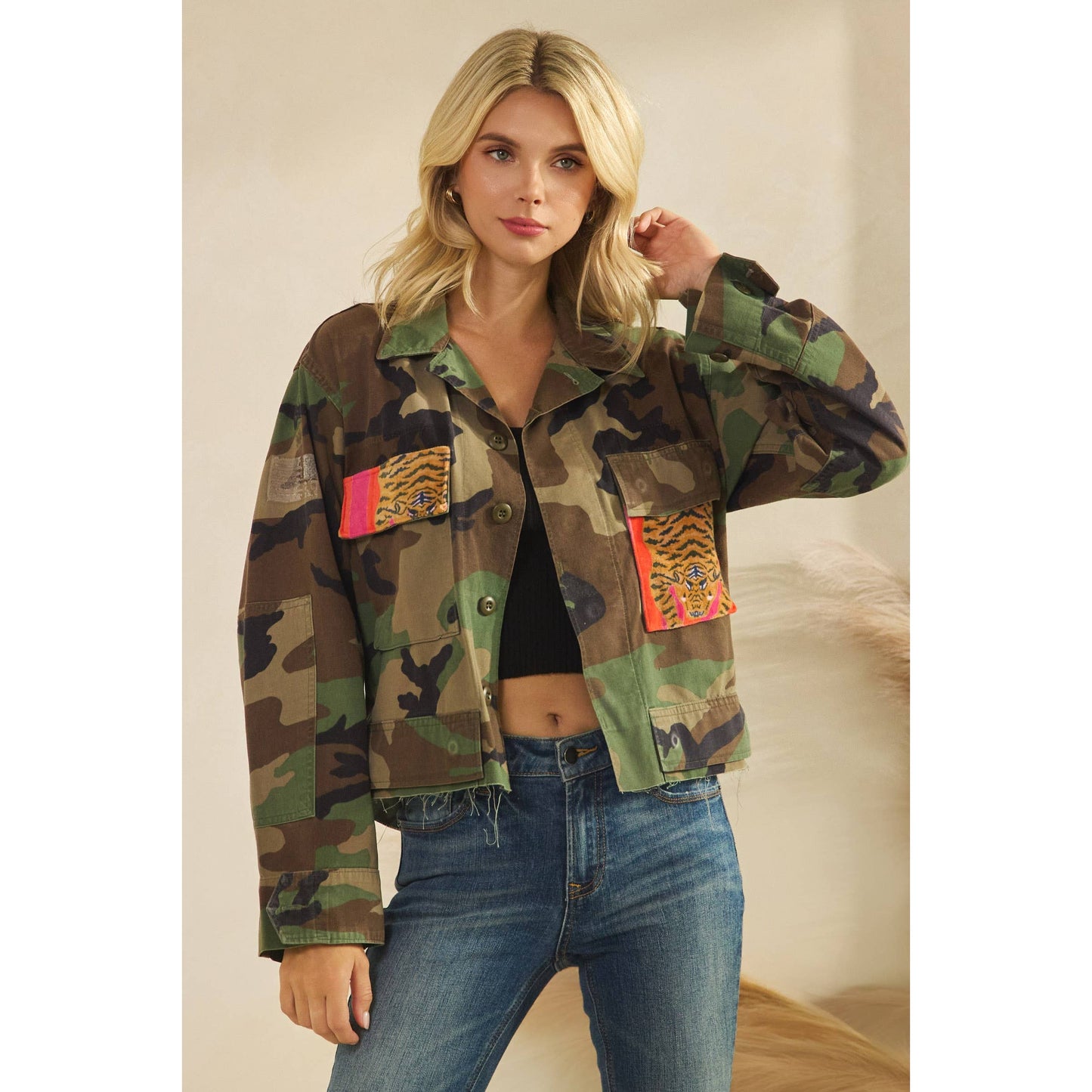 Camo jacket with Tiger Print contrast: Camo / S