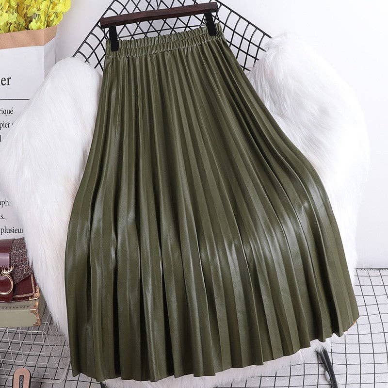 High Waisted Elastic A-Line Pleated PU Leather Mini Skirt: COFFEE / One_size