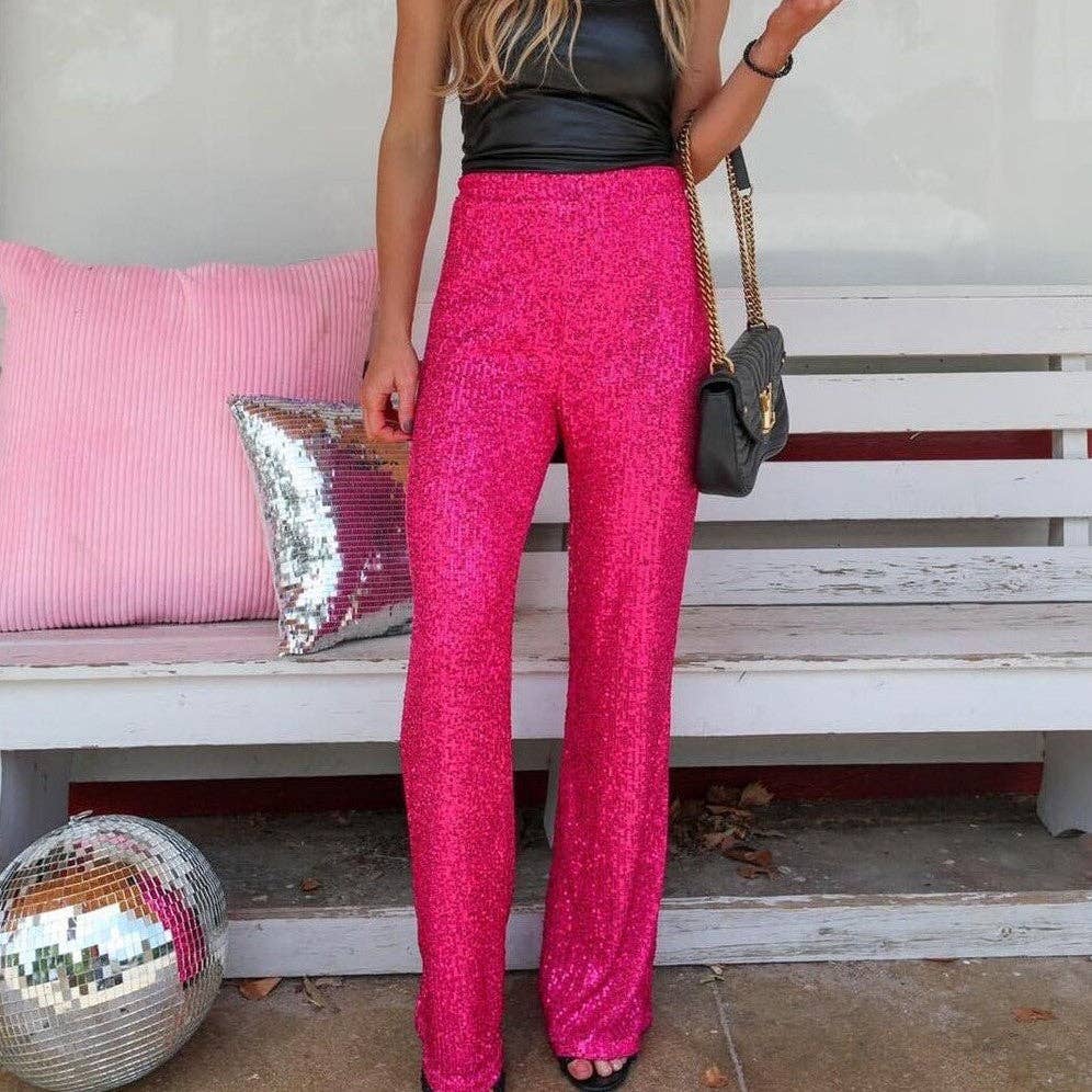Sweetkama Ladies Solid Glitter Sequin Long Loose Pants: