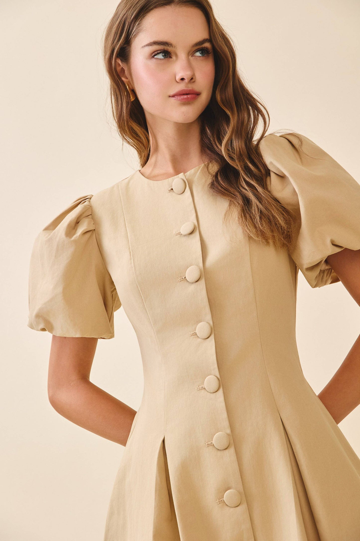 CD06108-Voluminous Puff Sleeves Covered Button Down Dress: Beige