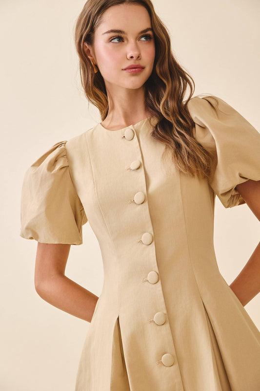 CD06108-Voluminous Puff Sleeves Covered Button Down Dress: Beige