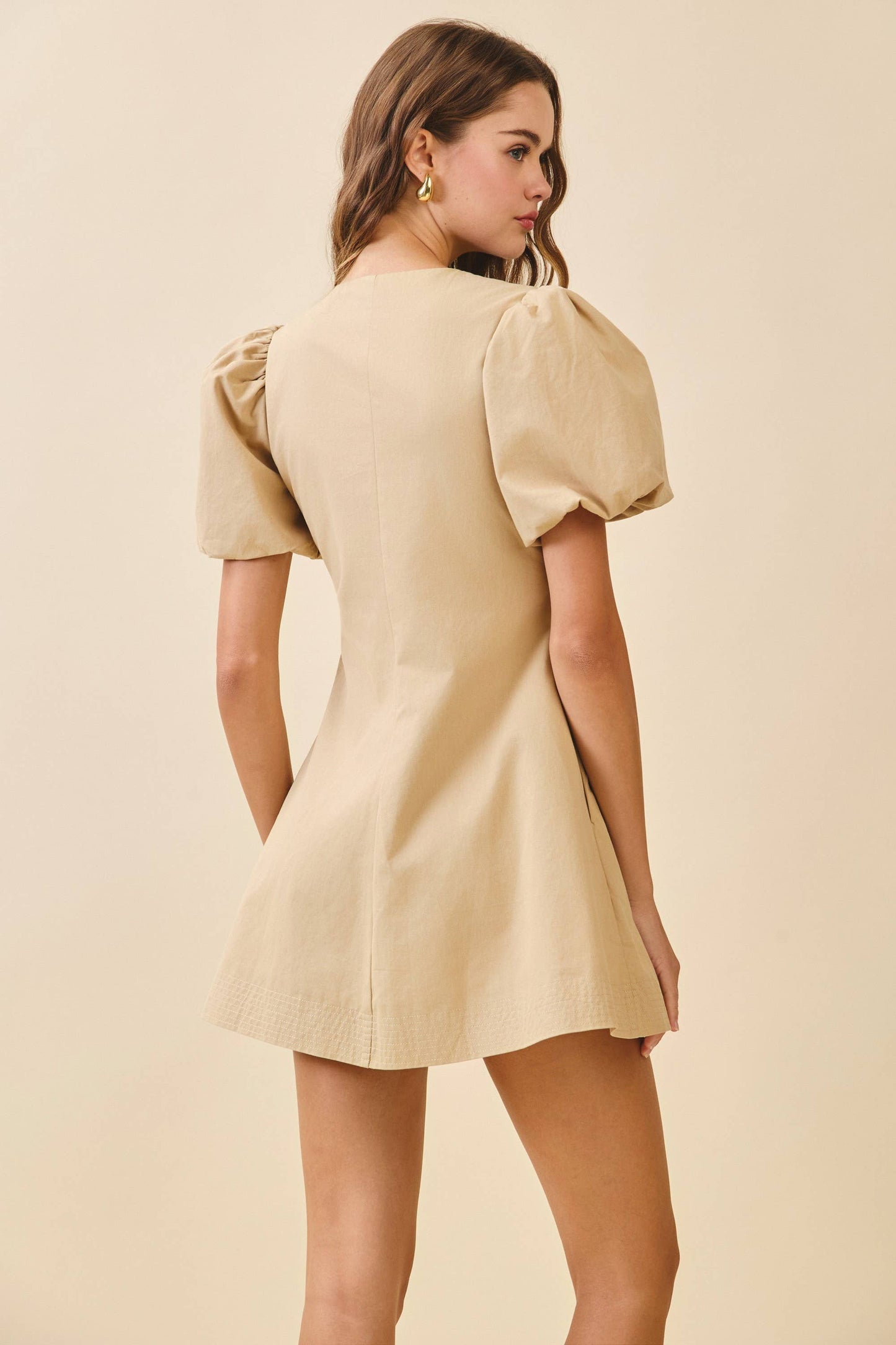 CD06108-Voluminous Puff Sleeves Covered Button Down Dress: Beige