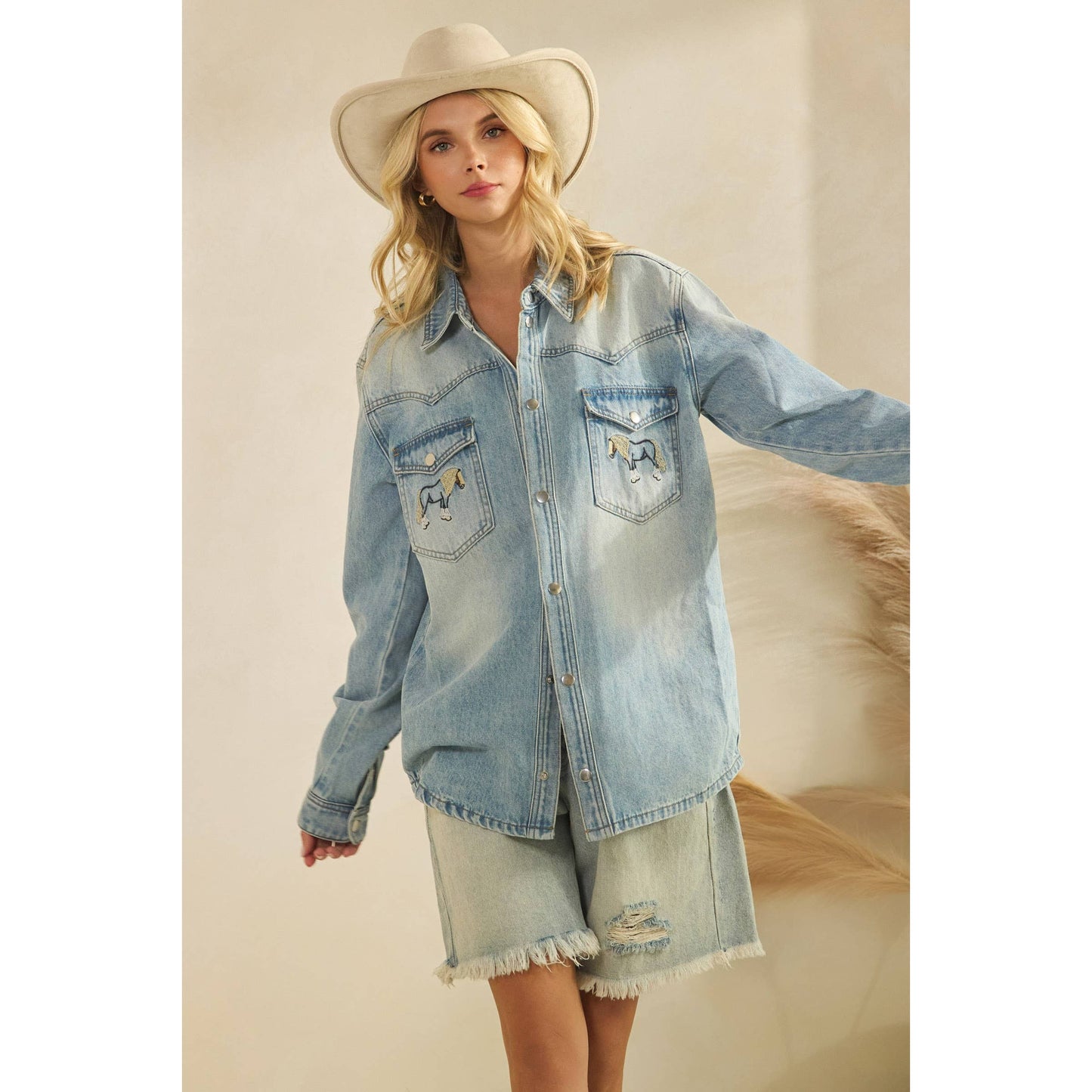 Denim Jacket with Horse Embroidery: Medium Wash