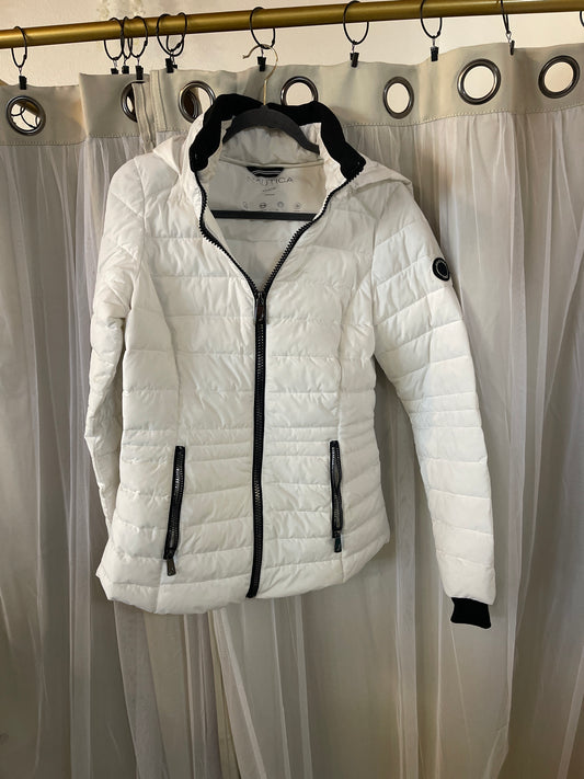 Nautica Women's Short Stretch Packable Jacket with Hood in a winter white colorway