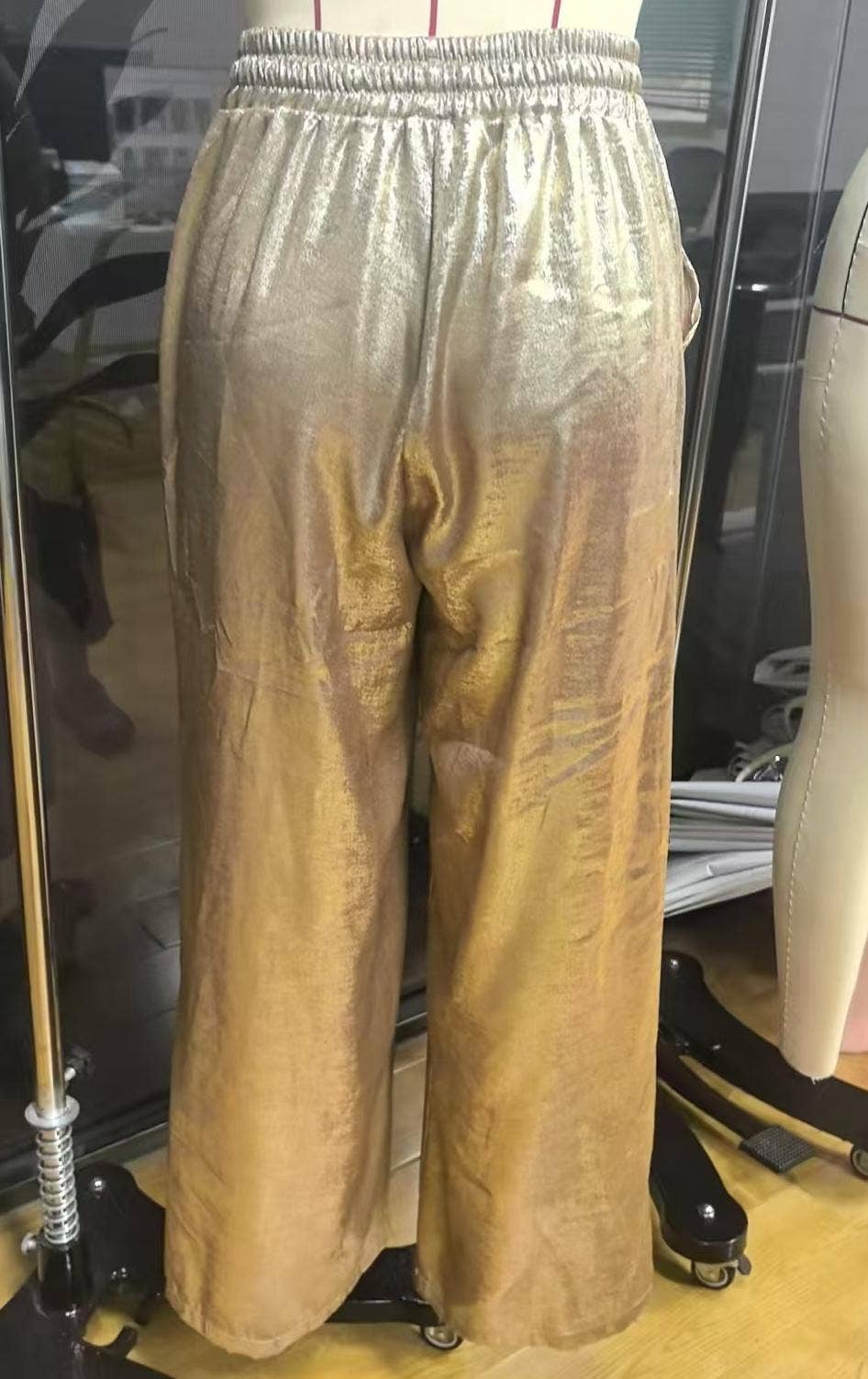 Drawstring bronzing trousers metallic wide-leg pants: Golden / M
