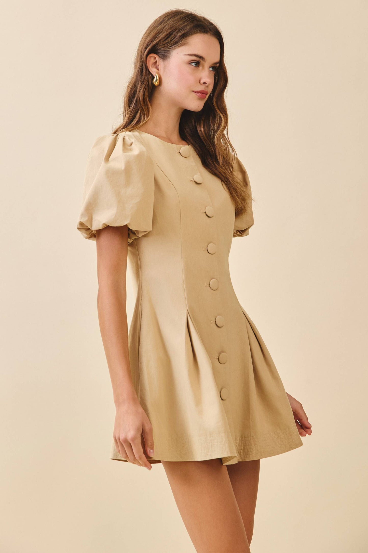 CD06108-Voluminous Puff Sleeves Covered Button Down Dress: Beige