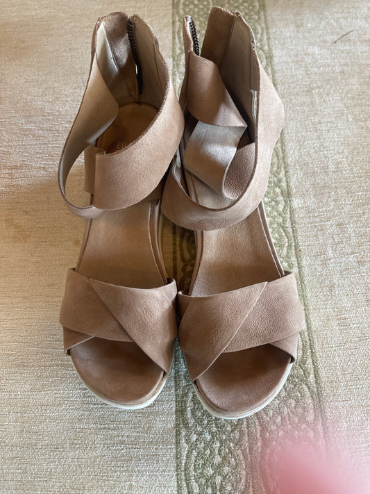 Eileen Fisher Viv Sandals Women Leather Wedge Shoes Ankle Strap tan