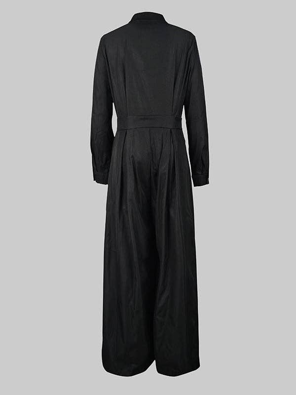 Beltless V-Neck Jumpsuit: GREEN BROWN